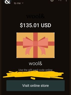 Wool& Gift Card: $135.01